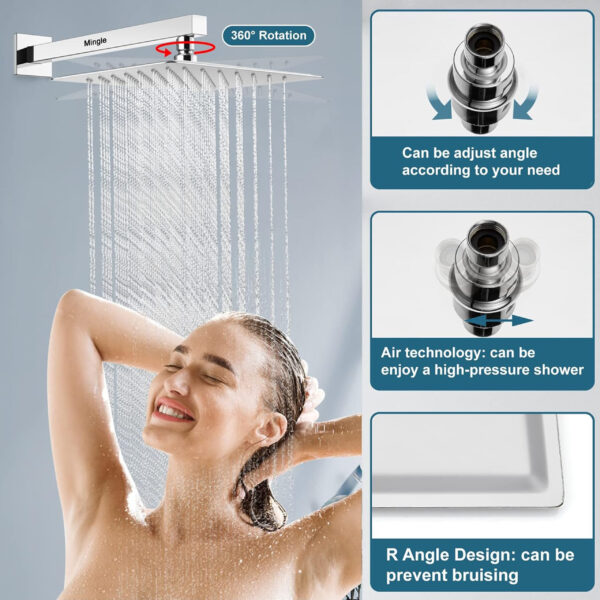 Mingle® Mirror Stainless Steel 10 * 10 304 Round Ultra Slim High Pressure Rainfall Shower Head for bathroom With 15inch Arm Fit (Pack of 1) - Image 2