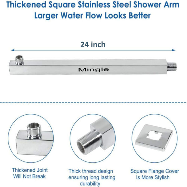 Mingle Mirror Stainless Steel 10 * 10 304 Straight Ultra Slim High Pressure Rainfall Shower Head for bathroom With 24inch Arm Fit. - Image 2