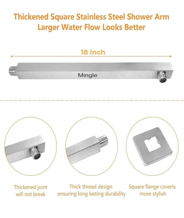 Mingle® 18 Inch Stainless Steel Square Shower Arm with Flange Shower Pipe Arm for Wall Mount Fixed and Handheld Shower Head, Chrome. - Image 2