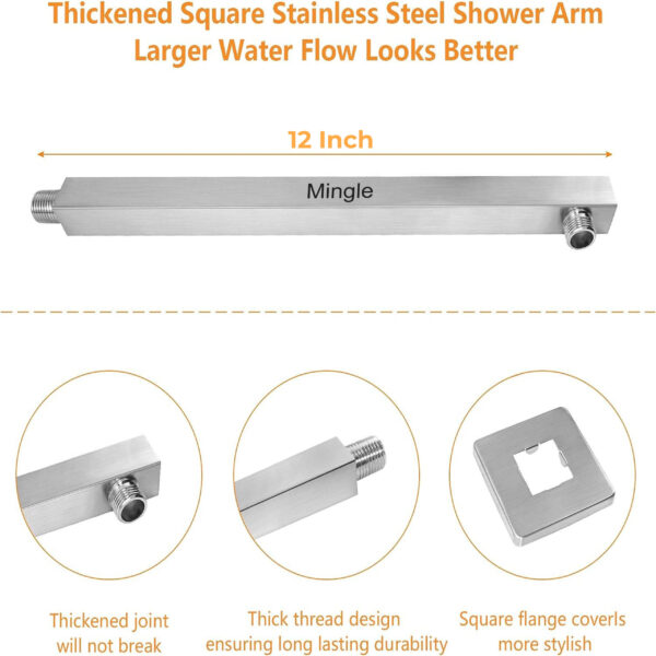 Mingle® Mirror Stainless Steel 10 * 10 304 Square Ultra Slim High Pressure Rainfall Shower Head for bathroom With 12inch Arm Fit. - Image 2