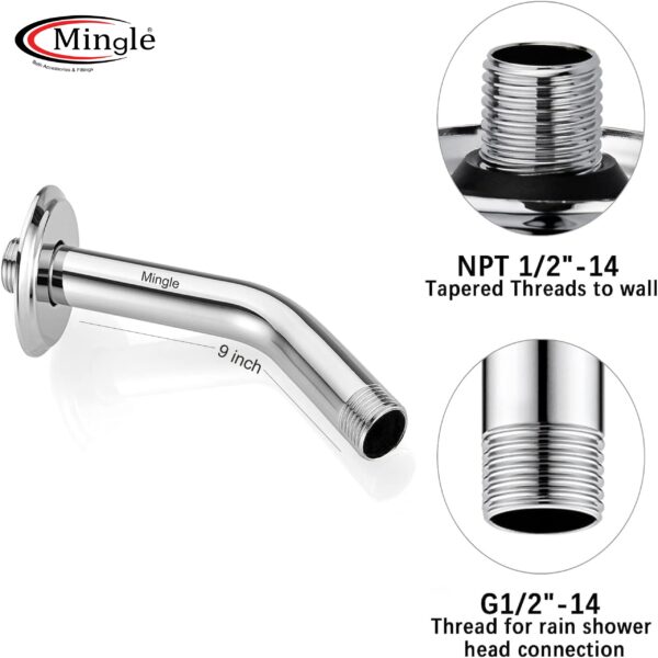 Mingle® 9 Inch Stainless Steel J band Shower Arm with Flange Shower Pipe Arm for Wall Mount Fixed and Handheld Shower Head, Chrome. - Image 2