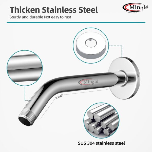 Mingle® 9 Inch Stainless Steel J band Shower Arm with Flange Shower Pipe Arm for Wall Mount Fixed and Handheld Shower Head, Chrome. - Image 4