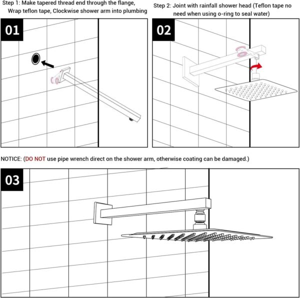 Mingle® 18 Inch Stainless Steel Square Shower Arm with Flange Shower Pipe Arm for Wall Mount Fixed and Handheld Shower Head, Chrome. - Image 4