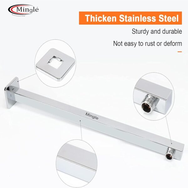 Mingle® 18 Inch Stainless Steel Square Shower Arm with Flange Shower Pipe Arm for Wall Mount Fixed and Handheld Shower Head, Chrome. - Image 3