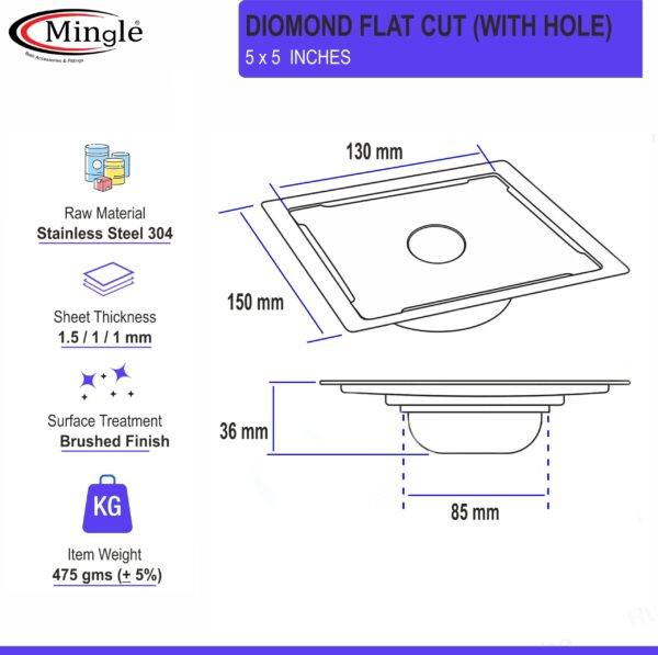 Mingle® Diamond Exclusive Square Flat Cut Floor Drain | 304-Grade Stainless Steel Drain Jali | 5 x 5 inches | Floor Drainer with Cockroach Trap/Jali. - Image 2