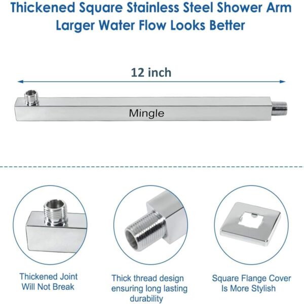 Mingle® Mirror Stainless Steel 12 * 12 304 Square Ultra Slim High Pressure Rainfall Shower Head for bathroom With 12inch Arm Fit. - Image 2