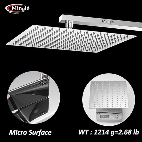 Mingle® Mirror Stainless Steel 10 * 10 304 Square Ultra Slim High Pressure Rainfall Shower Head for bathroom With 12inch Arm Fit. - Image 3