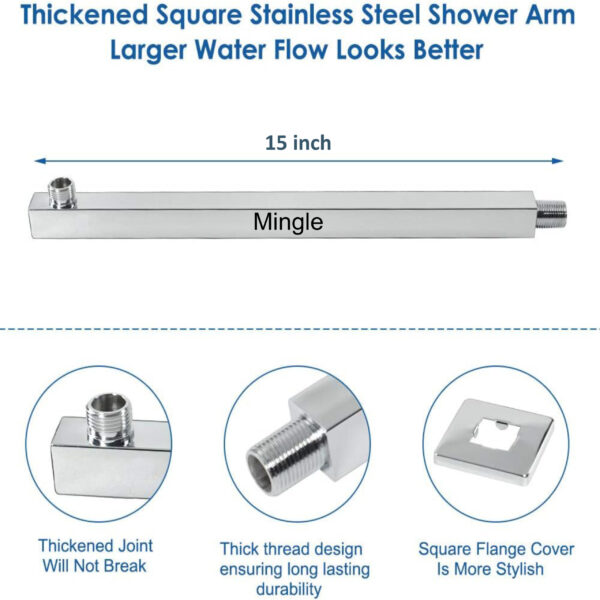 Mingle® 15 Inch Stainless Steel Square Shower Arm with Flange Shower Pipe Arm for Wall Mount Fixed and Handheld Shower Head, Chrome. - Image 2