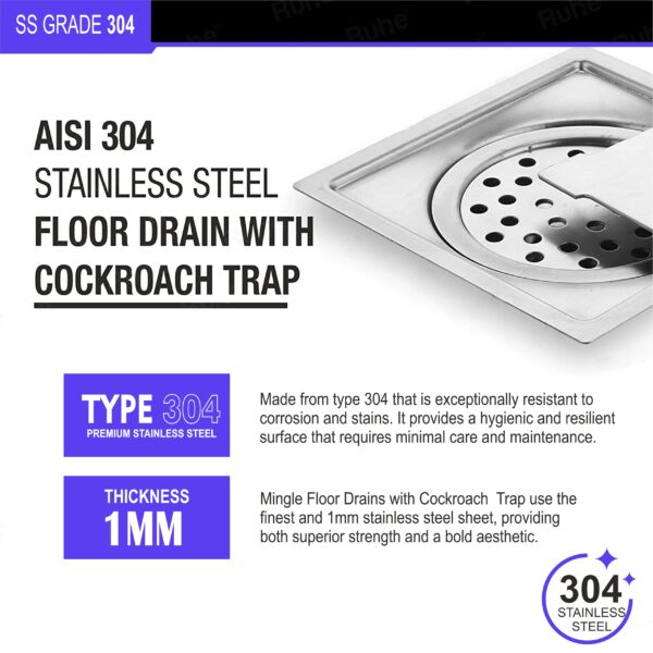 Mingle® Diamond Exclusive Square Flat Cut Floor Drain | 304-Grade Stainless Steel Drain Jali | 6 x 6 inches | Floor Drainer with Cockroach Trap/Jali. - Image 5