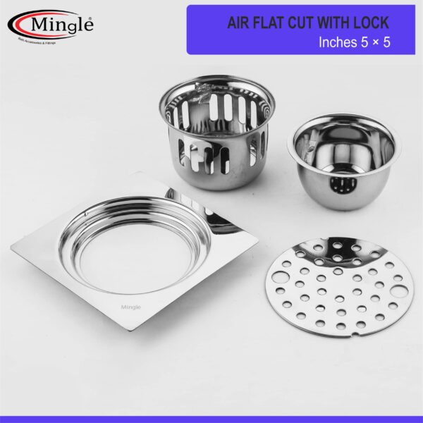 Mingle® Air Square Flat Cut Floor Drain | 304-Grade Stainless Steel Drain Jali | 5 x 5 inches | Floor Drainer with Cockroach Trap/Jali & Lock. - Image 4