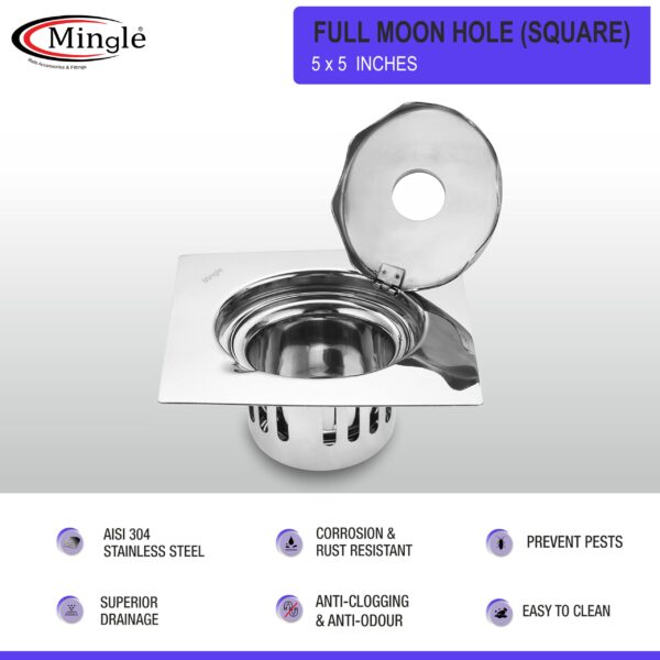 Mingle® Full Moon Square Floor Drain Trap/Jali | 304-Grade Stainless Steel Drain Jali | 5 x 5 inches | Floor Drain with Cockroach Trap/Jali. - Image 3