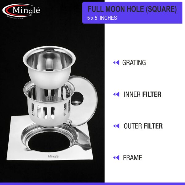 Mingle® Full Moon Square Floor Drain Trap/Jali | 304-Grade Stainless Steel Drain Jali | 5 x 5 inches | Floor Drain with Cockroach Trap/Jali. - Image 2