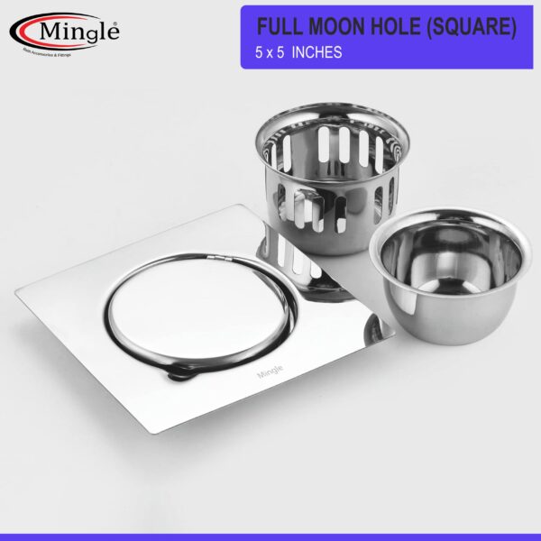 Mingle® Full Moon Square Floor Drain Trap/Jali | 304-Grade Stainless Steel Drain Jali | 5 x 5 inches | Floor Drain with Cockroach Trap/Jali. - Image 5