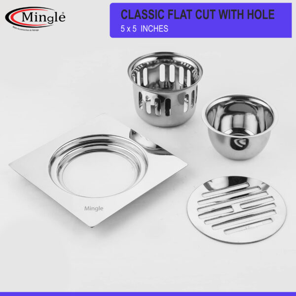 Mingle® Classic Square Flat Cut Floor Drain | 304-Grade Stainless Steel Drain Jali | 5 x 5 inches | Floor Drainer with Cockroach Trap/Jali. - Image 2