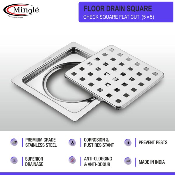 Mingle® Check Square Flat Cut Floor Drain | Premium Stainless Steel | 5 x 5 inches. - Image 2