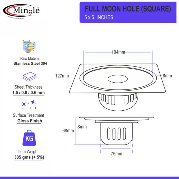 Mingle® Full Moon Square Floor Drain Trap/Jali | 304-Grade Stainless Steel Drain Jali | 5 x 5 inches | Floor Drain with Cockroach Trap/Jali. - Image 4