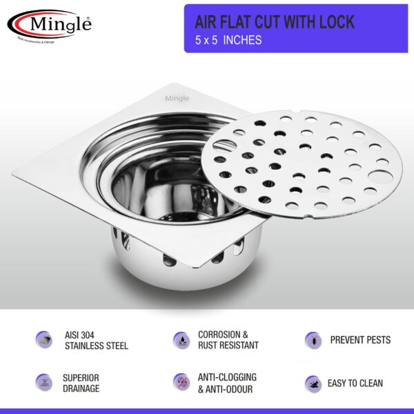 Mingle® Air Square Flat Cut Floor Drain | 304-Grade Stainless Steel Drain Jali | 5 x 5 inches | Floor Drainer with Cockroach Trap/Jali & Lock. - Image 3