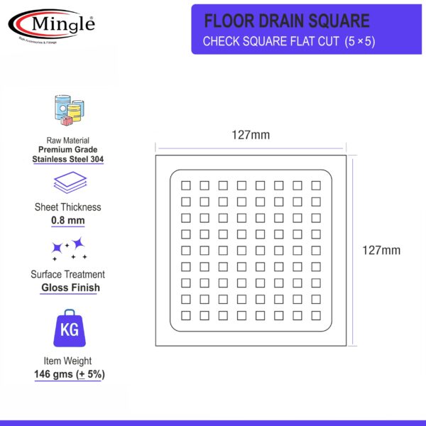 Mingle® Check Square Flat Cut Floor Drain | Premium Stainless Steel | 5 x 5 inches. - Image 4