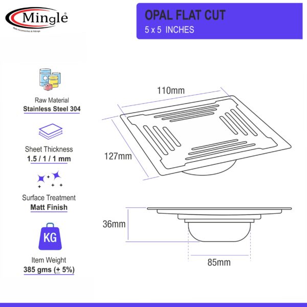 Mingle® Opal Exclusive Square Flat Cut Floor Drain | 304-Grade Stainless Steel Drain Jali with Matte Finish | 5 x 5 inches | Floor Drainer with Cockroach Trap/Jali. - Image 3