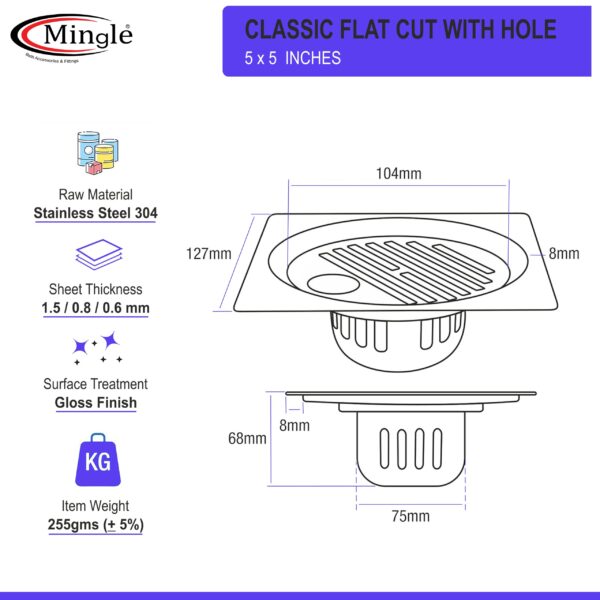 Mingle® Classic Square Flat Cut Floor Drain | 304-Grade Stainless Steel Drain Jali | 5 x 5 inches | Floor Drainer with Cockroach Trap/Jali. - Image 4