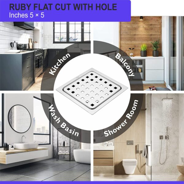 Mingle® Check Square Flat Cut Floor Drain | Premium Stainless Steel | 5 x 5 inches. - Image 5