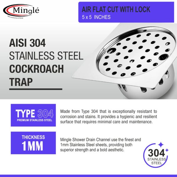 Mingle® Air Square Flat Cut Floor Drain | 304-Grade Stainless Steel Drain Jali | 5 x 5 inches | Floor Drainer with Cockroach Trap/Jali & Lock. - Image 5