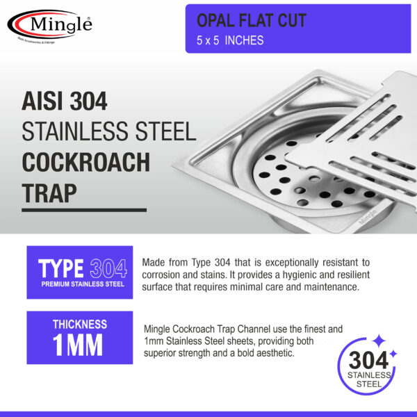 Mingle® Opal Exclusive Square Flat Cut Floor Drain | 304-Grade Stainless Steel Drain Jali with Matte Finish | 5 x 5 inches | Floor Drainer with Cockroach Trap/Jali. - Image 2