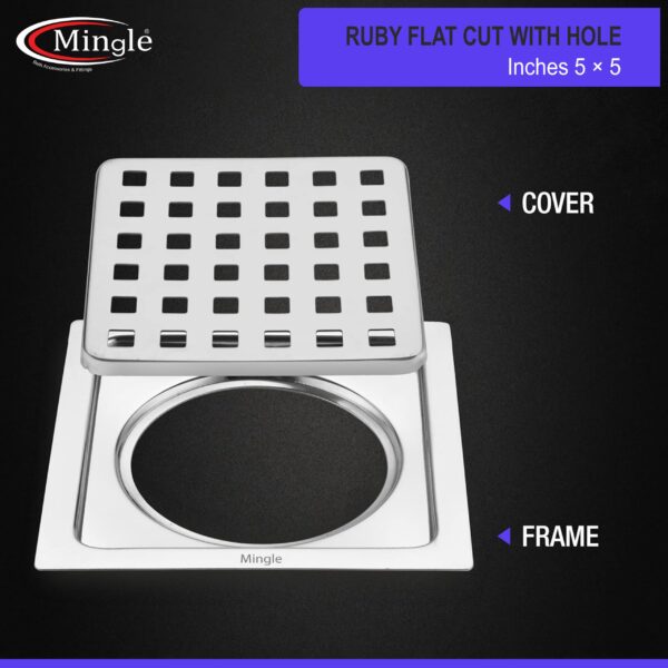 Mingle® Check Square Flat Cut Floor Drain | Premium Stainless Steel | 5 x 5 inches. - Image 3