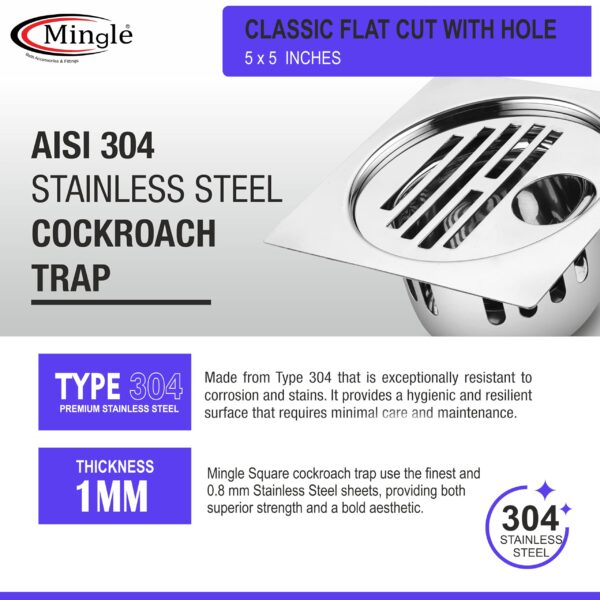 Mingle® Classic Square Flat Cut Floor Drain | 304-Grade Stainless Steel Drain Jali | 5 x 5 inches | Floor Drainer with Cockroach Trap/Jali. - Image 5