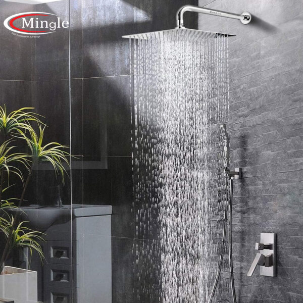 Mingle® Elevate your shower experience with the  6*6 304 ultra-slim shower head with Long J Bend Arm.