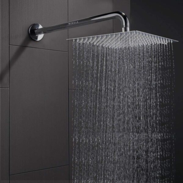 Mingle® Mirror Stainless Steel 12*12 304 Ultra Slim High Pressure Rainfall Shower Head With Long J Bend  Arm.