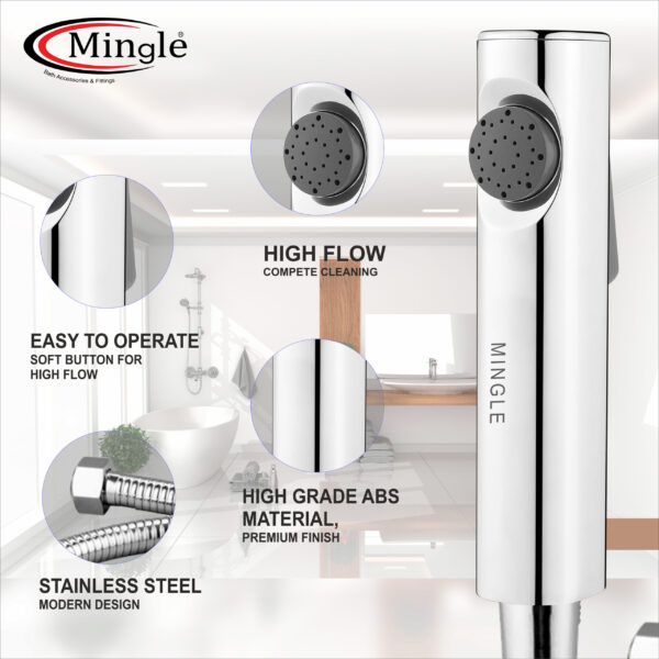 Mingle® ABS Health Faucet with Grade Flexible Hose Pipe and Wall Hook, White Jet Spray for Toilet. - Image 4