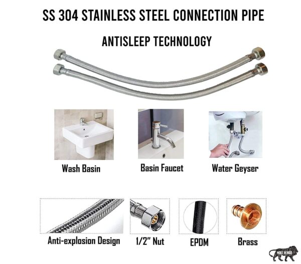 Mingle®  Connection Pipe | 304 Grade Stainless Steel Connection Pipe Suitable for Hot & Cold Mixer Faucets for basins and sinks, Geysers, and Flush tanks |18 Inches (Set Of 2) - Image 4