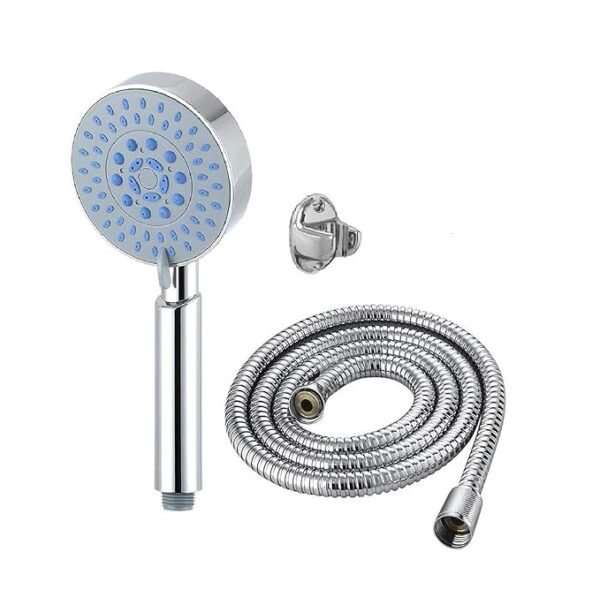 Mingle®, 5 Gear Chrome Plated Adjustable Rain Spray Hand Shower(ABS) with 1.5mtr SS Shower Tube and Wall Hook (Chrome)