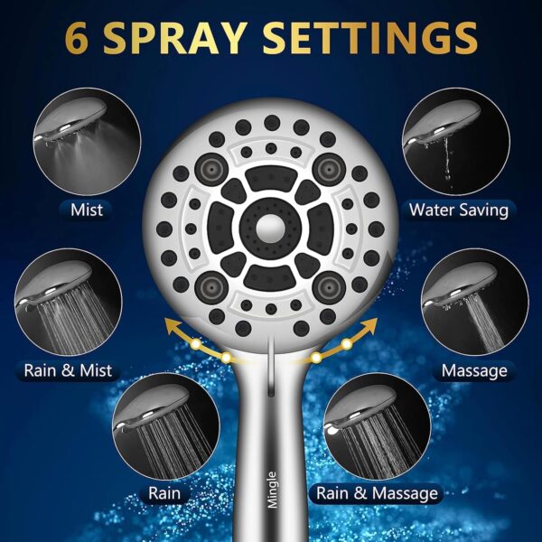 Mingle® 6 Spray Modes High Pressure Handheld Showerhead Set Upgraded 1.5 metre Premium Chrome Stainless Steel Hose For Low Water Pressure. - Image 4